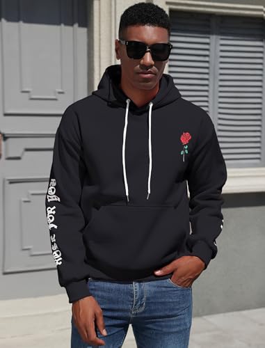 ZAFUL Men's Fleece Hoodie Unisex Rose Letter Print Hooded Pullover Kangaroo Pocket Sweatshirt2