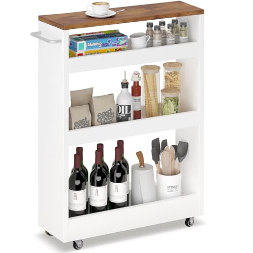 TEAMIX 4 Tier Slim Rolling Storage Cart with Wheels, 24.8D x 7.9W Inches, Height Adjustable, Deeper Utility Cart with Handle Narrow Shelf Organizer for Kitchen Laundry Bathroom Pantry Office (White) by TEAMIX - Used condition - US$90.24