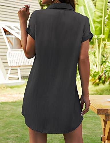 Zilcremo Women Denim Shirt Dresses Short Sleeve Distressed Jean Dress Button Down Casual Cotton Tunic Top Black S #TOP4
