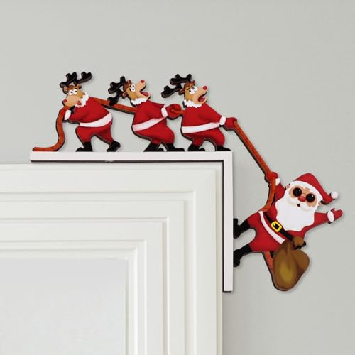 Christmas Door Topper Door Frame Decoration Corner Decor Elk Pulling Santa Claus Wooden Christmas Decorations for Home Wall Cabinet Shelf