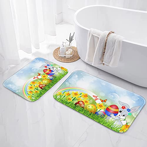 Artsocket Bathroom Rugs And Mats Set 2 Piece, Bathroom Rugs Non Slip, Happy Easter Bunny Daffodils Eggs Butterflies Absorbent Microfiber Memory Foam Bath Mat Machine Washable Bathroom Floor Mats #TOP12