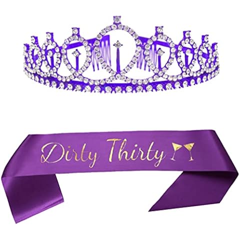 Dgasin 30th Purple Birthday Tiara and Sash Happy 30th Birthday Party Supplies Decorations Dirty Thirty Satin Sash and Crystal Tiara Princess Crown for Women Girl Cover