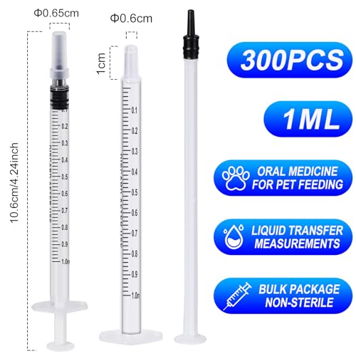 Image of 300 PCS 1ml Syringe Bulk with Cap,1cc Plastic Small Syringes with Cover, Liquid Measuring Syringe, Syringes Tools for Scientific Labs, Feeding Small Pets, Oil or Glue Applicator-Individually Sealed