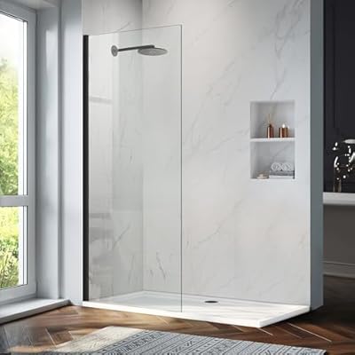 Bathroom Shower Glass Door Panel, 34" W×74" H Fixed Frameless Shower Glass Door, 5/16"(8mm) Thick Clear Tempered Glass Door Screen, Matte Black