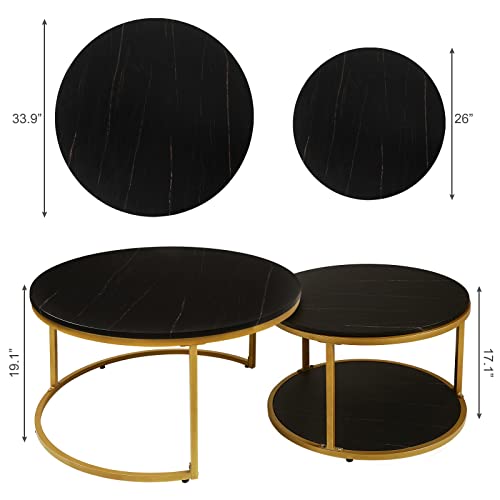 Image of NSdirect Nesting Coffee Table Set of 2,Round Coffee Tables Modern Circle Table for Living Room Accent End Side Table with Storage Open Shelf Faux Marble Wood Top & Gold Sturdy Metal Frame(Black&Black)