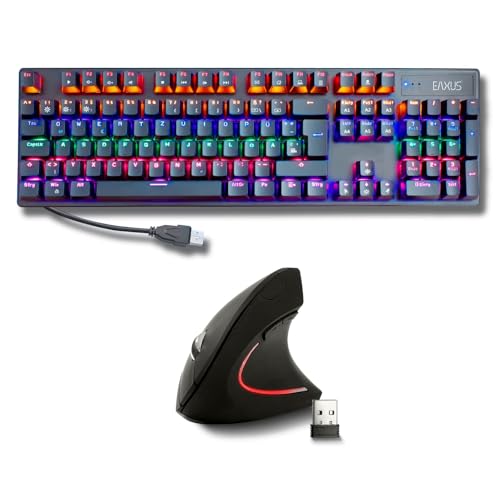Eaxus® USB Tastatur und Maus Set - Mechanische Gaming Tastatur LED Gaming Keyboard mit Blue Switches + Ergonon Vertikale Maus kabellos