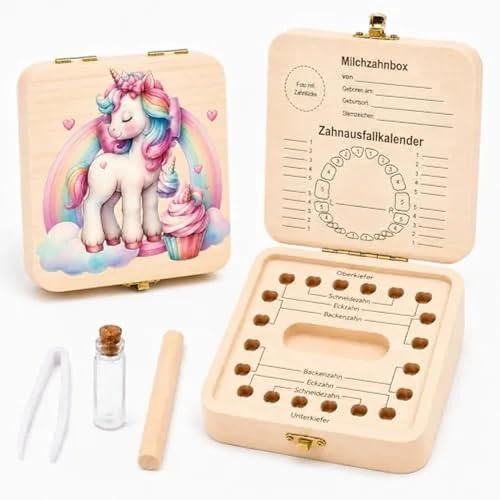 Zahnfee Geschenke Mädchen Zahndose Milchzähne Mädchen Zahnbox für Milchzähne Junge Jungen Souvenir Box Zahnbox aus Holz Milchzahndose Jungen Einhorn Zahnschachtel Aufbewahrungsbox für Baby Zähne