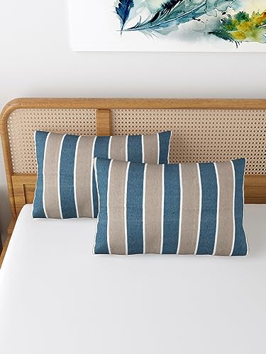 Image of 180 TC Pillow Cover Set of 2 | Pillow Cover Cotton 100% | Pillow Cover Set of 2 King Size | Wrinkle Free & Fade Resistance | Striped Pattern | Standard Size | All Season Use (Blue & Grey)