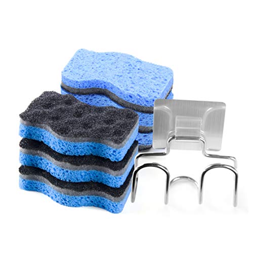 SSJL Multi-Use Sponges Kitchen with Adhesive Stainless Steel Holder - Natural Kitchen Sponges Dish Sponge Dual-Sided Cellulose Scrubber - Effortless Cleaning Eco Scrub Pads for Dishes (6 Pack)