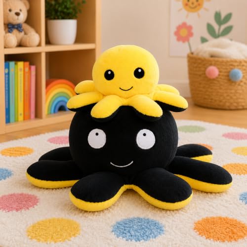 Image of Reversible Octopus Plush Toy, Yellow and Black | Soft PP Cotton Filling, Mood Expression Design