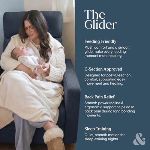 Nurture& The Glider Premium Power Recliner Nursery Glider Chair with Adjustable Head Support | Designed with a Thoughtful Combination of Function and Comfort | Built-in USB Charger (Navy)