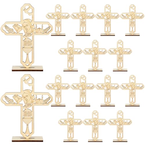 Image of Marsui 16 Pcs Wooden Baptism Centerpieces for Table, Recuerdos De Bautizo para Religious Catholic Table Decor for Lent Easter Christening Communion Baby Shower Wedding School Church(Jhs)