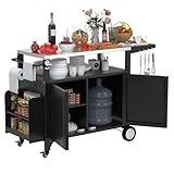 climblocka Outdoor Grill Cart with Wheels, Outdoor Kitchen Bar Cart Mobile BBQ with Foldable Stainless Steel Top & Storage Cabinet