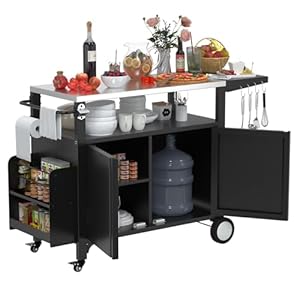 Outdoor Grill Cart with Wheels Outdoor Kitchen Bar Cart Mobile BBQ with Foldable Stainless Steel Top Storage Cabinet Black