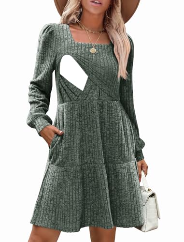 CzzzyL Vestidos de lactancia para mujer, cuello cuadrado, manga larga, vestido babydoll de invierno con bolsillos, Verde profundo, M