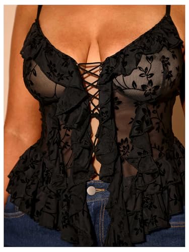 SHENHE Women's Plus Size Sexy Open Front Lace Up Sheer Mesh Ruffle Trim Y2k Top Camisole Tank3