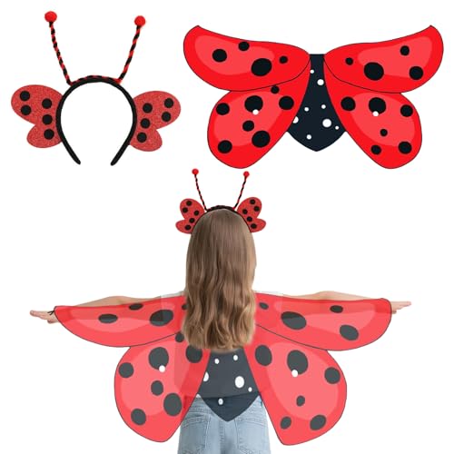 Deguisement Miraculous Fille, 2pcs Déguisement Miraculous Ailes de Dame-Puce et Bandeau-Tête Enfants Insecte Dame-Puce Costume pour Enfants 3-8 Ans Dame-Puce...