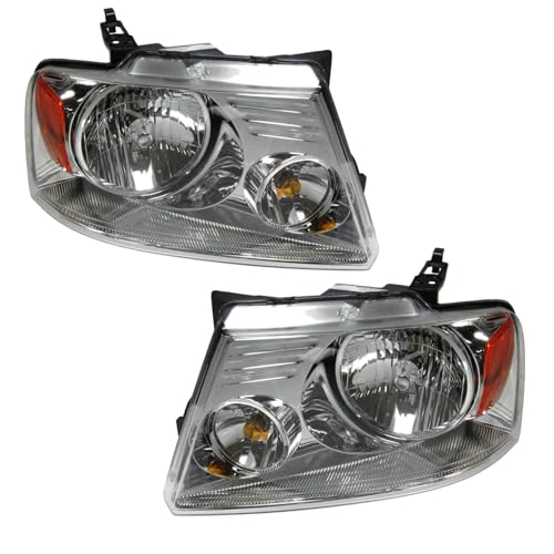 Image of TRQ 2 Piece Headlight Assembly Set Chrome Bezel Driver & Passenger Side Compatible with Ford F150 2004-2008 Lincoln Mark LT 2006 FO2502201 FO2503201 7L3Z13008FA 7L3Z13008GA
