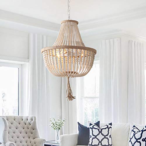 SAFAVIEH Lighting Collection Lush Kristi Boho Farmhouse Cream 17-inch Diameter 3-light Beaded Adjustable Hanging Pendant Light Fixture with Tassel (LED Bulbs Included) - Image 3