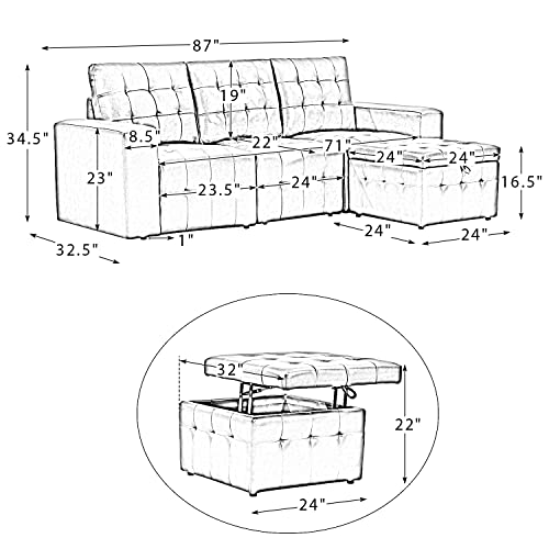 Hulala Home Genuine Leather Sectional Sofa Couch, Comfy Sectional Sofa W/Storage Ottoman, 3-Seater Sleeper Sectional Sofa, Mid-Century Modern Upholstered Couch For Living Room, Apartment, Camel #TOP1