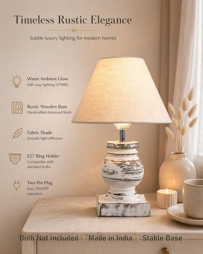 Image of Homesake Small Table Lamp with White Wooden Base, E27 Holder Bedside Night Lamp for Bedroom Living Room, Decorative Study Desk Lamp Office, Warm Ambient Lighting for Home Decor, Gift (Khadi)