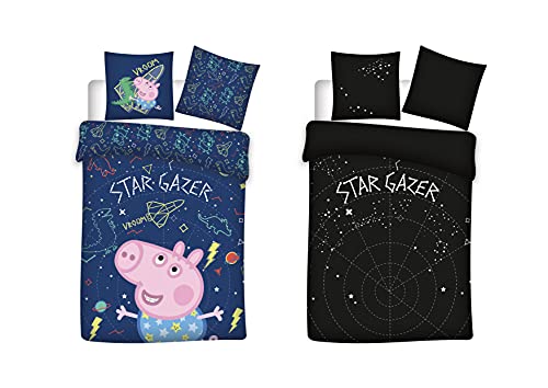 BrandMac Peppa Wutz Bettw&auml;sche 100x135 40x60 &bdquo;Star Gazer&ldquo; mit George &ndash; Peppa Pig Kinderbettw&auml;sche zum Wenden - Leuchtet im Dunkeln - Kopfkissen- und Bettdeckenbezug aus 100% Baumwolle