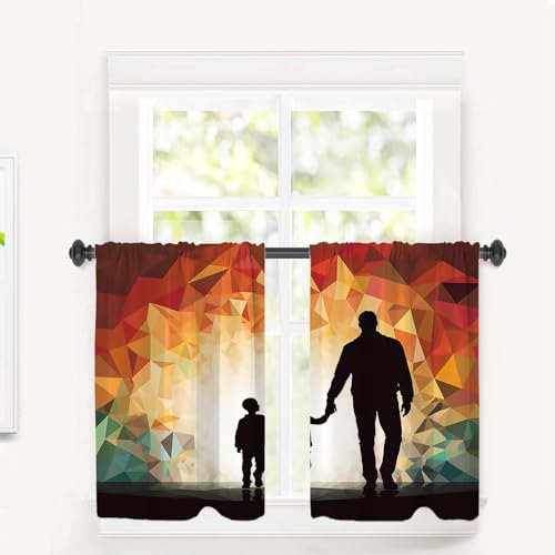 BaoNews Father and Son Walking Bond Colorful Background Blackout Tier Curtains, Silhouettes of Two Figures Half Window Drapes for Kitchen with Rod Pocket,Room Darkening 2 Pack 26X36 Inches