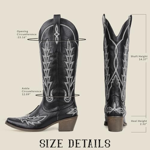 Image of mikarka Cowboy Boots for Women Black Cowgirl Boots Western Knee High Black Boots for Women Pull On Tall Long Cowboy Boots Size 7