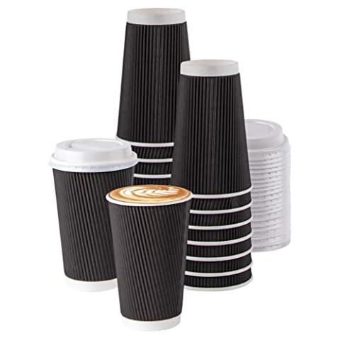 Galashield Disposable Coffee Cups with Lids 16 Oz. | [50 pcs] Paper Coffee Cups, To Go Coffee Cups | Ripple Hot cups with Lids - Black Cover