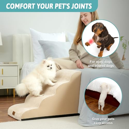 COZY KISS Hundetreppe für Kleine Hunde 50cm, Haustiertreppe für Bett aus Hochdichtem Schwamm, Hunde Treppe Hunderampe mit Waschbarem Bezug und Rutschfestem Boden, 40x72x50cm, 4 Stufen, Beige