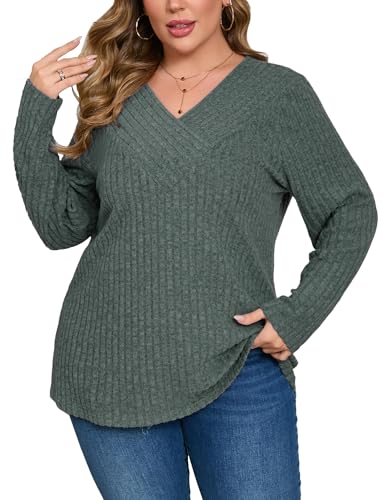 Image of Plus Size Sweaters for Women Casual V Neck Tops Long Sleeve Shirts Oversized Lightweight Knit Sweater