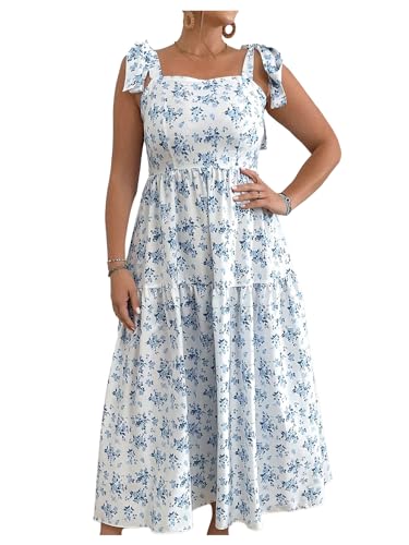 Floerns Women's Plus Size Floral Print Tie Shoulder Ruffle Hem Cami Long Dress