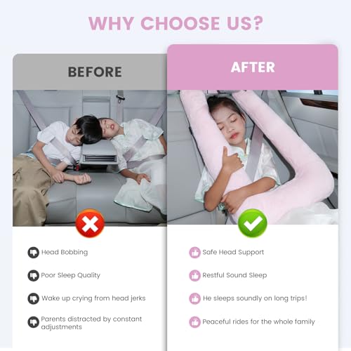 Image of Keemall Inflatable Car Pillow for Kids - Professional Safe Car Seat Sleeping Pillow for Car Travel, Portable Inflatable Travel Pillow for Kids /Adult Flight & Road Rides, Pink
