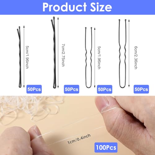 Image of MAYCREATE 300pcs Bobby Pins Hair Pins U Pins with Mini Rubber Hair Ties, Stylish Metal Bobby Pins for Updos, Holding Stray Strands, Hair Accessories Hair Pins for Girls Women, Black