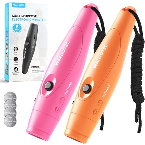 WANJOTEC Electronic Whistle for Teacher Coaches, 3 Tones Adjustable 130db Loudest High Volume Handheld Emergency Electric Whistles for Referee, P.E.Outdoor Sports Whistles with Lanyard (Pink+Orang)