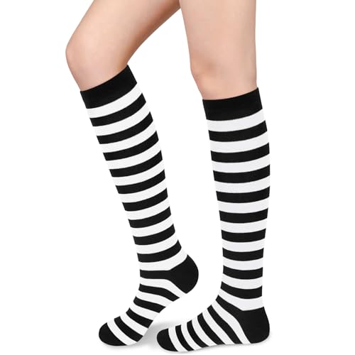 Sarfel Black and White Striped Socks Knee High Striped Sock Women Halloween Socks Knee High Black and White Sock Witch Costume