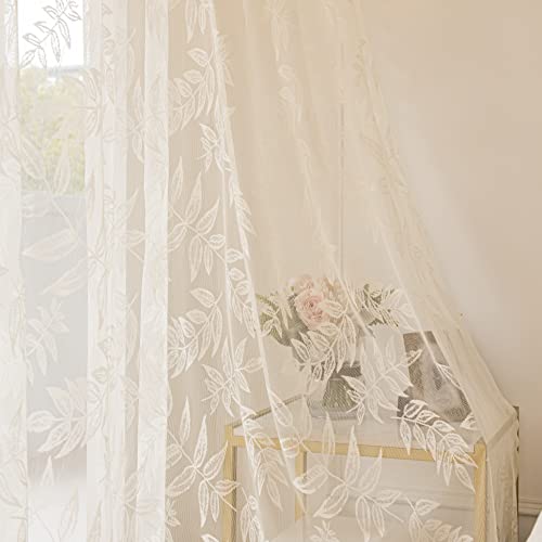 Sutuo Home Ivory Lace Curtains 96 Inches Long, Leaf Embroidery Window Sheer Drapes Pair Knitted, Rod Pocket Vintage Country Window Treatments Set of 2 Panels for Bedroom Living Room, 57