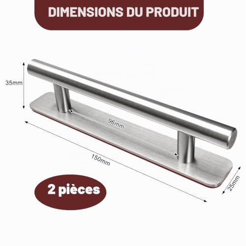 AROMUJOY Lot de 2 Poignée de Meuble Autocollante, 150mm Poignées de Porte Coulissante, Poignée de Cuisine en Acier Inoxydable pour Tiroir Placard Armoires, Pas de perçage, Argent – vue 2