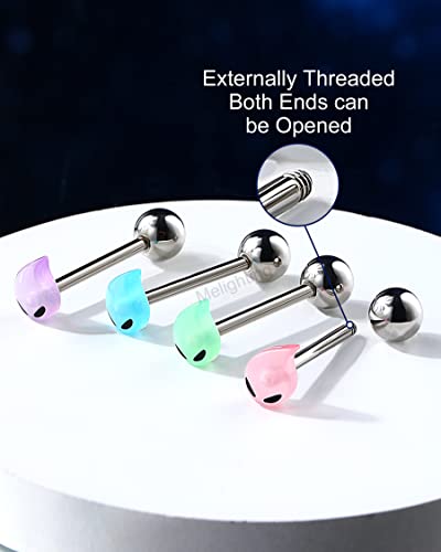 Melighting 4Pcs Tongue Rings 14G Tongue Piercing Jewelry Glow In The Dark Teardrop Tongue Jewelry Stainless Steel Tongue Bars For Women Body Piercing Jewelry #TOP5