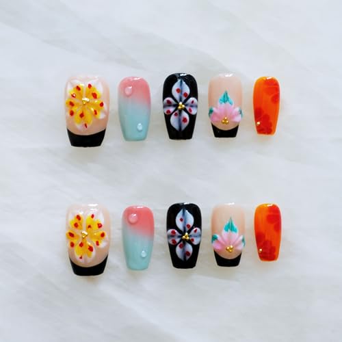[GLORS] 3D Floral Press-On Nails, French Tip Design with Ombre