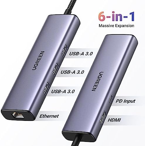 UGREEN Revodok USB C Hub Ethernet, 6-in-1 USB-C Hub with 1000Mbps Ethernet, 4K HDMI, 100W PD, 3 USB-A 3.0 Data Ports, USB C Dock for MacBook Air M1/M2, iPhone 15 Pro Series, iPad, Surface, XPS