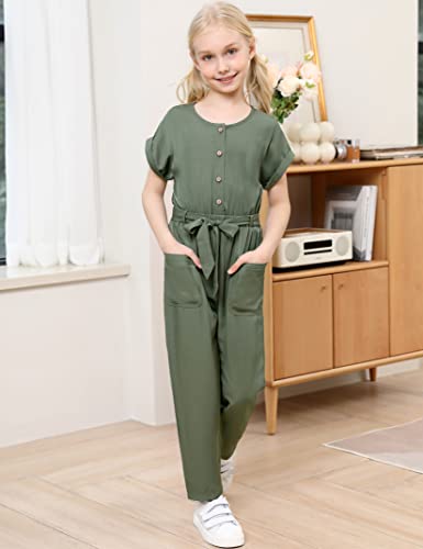 Kukume Girls Summer Jumpsuit Long Pants Romper Short Sleeve Button Down With 2 Pockets Army Green 3-4 Years #TOP1