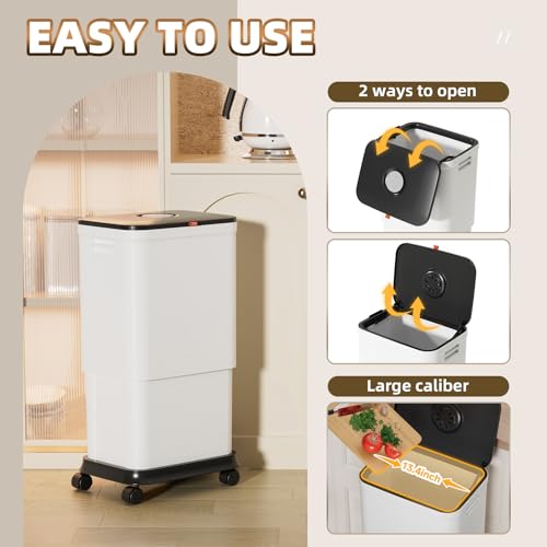 Image of Kitchen Trash Can with Lids and Wheels, 20l-45l Rolling Garbage Can with Adjustable Capacity /Height, Plastic Tall and Large Trash Bin, White Indoor TrashCan on Wheels, Movable Trash-Can