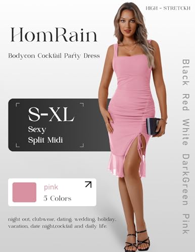 Image of HomRain Mesh Bodycon Dress for Women Square Neck Sexy Ruched Elegant Cocktail Party Midi Dresses