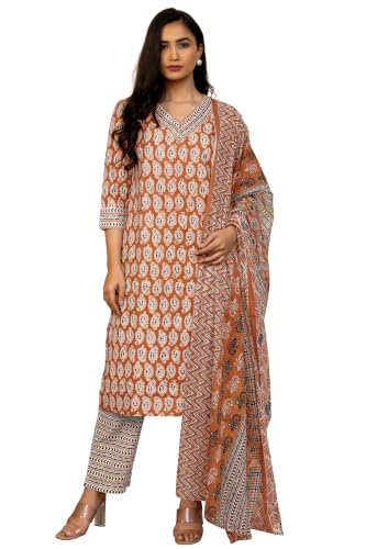 Image of MIRCHI FASHION Women's Straight Fit Pure Cotton Floral Printed Kurta Set with Dupatta and Pant