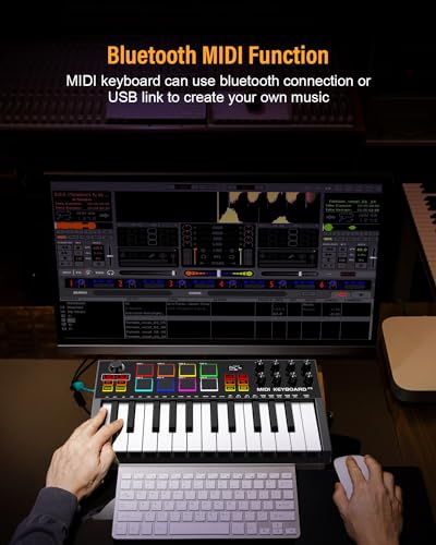 OYAYO MIDI Keyboard Controller, 25 Key Rechargeable MIDI Keyboard with 8 Backlit Drum Pads, 8 Knobs, OLED Display, DAW Integration, MIDI Controller for Music Production