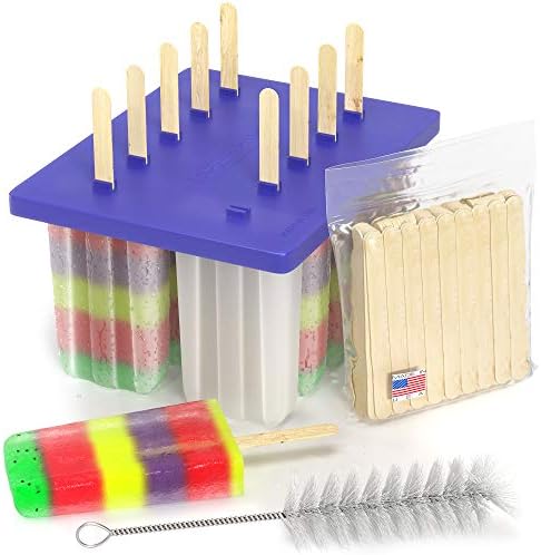 American Ice Pop Maker - Frozen Popsicle Mold Kit Moldes Para Paletas - 10 Large BPA Free Removable Plastic Molds + 50 Wood Sticks, Cleaning Brush, Healthy Kids Fruit & Cream Treats(Classic-10, Blue)