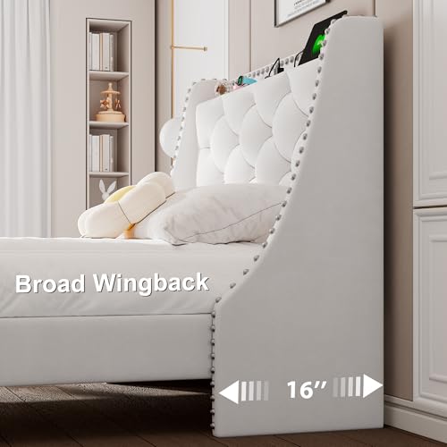 Feonase Velvet Twin Bed Frames with Luxury Wingback and Fast Charging Station,Twin Size Upholstered Button Tufted Storage Headboard Platform Bed,Wooden Slats Support,Noise-Free,Easy Assembly,White by Feonase - Used condition - Image 4