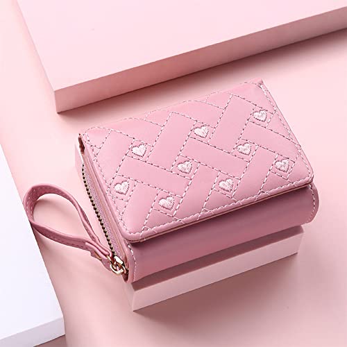 Wallets for Women Tri-folded Compact PU Leather Wallet Embroidered Heart Small Wallet Credit Card Holders Coin Purse Cute Zipper Purses Slim Short Wallet for Women Girl,Pink2