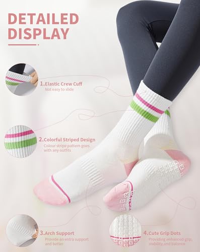 Image of Yawlsow Pilates Grip Socks for Women Yoga Grippy Striped Color-block Non Slip Socks Sticky Barre Workout Sock with Grippers